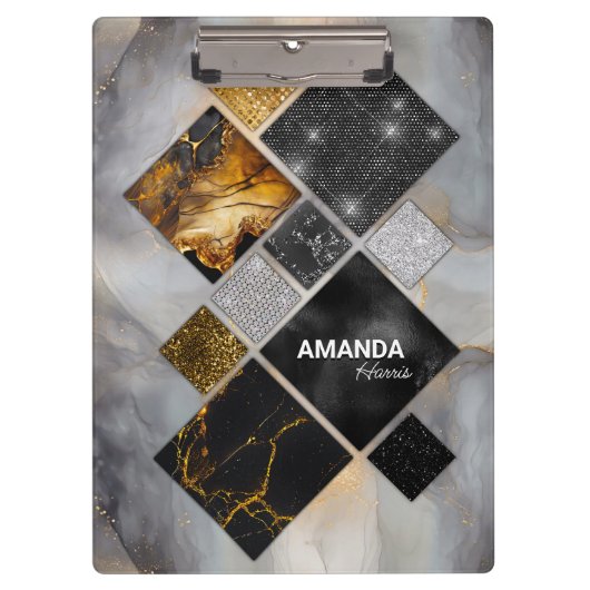 エレガント黒金ゴールド銀幾何学模様 クリップボード (正面)