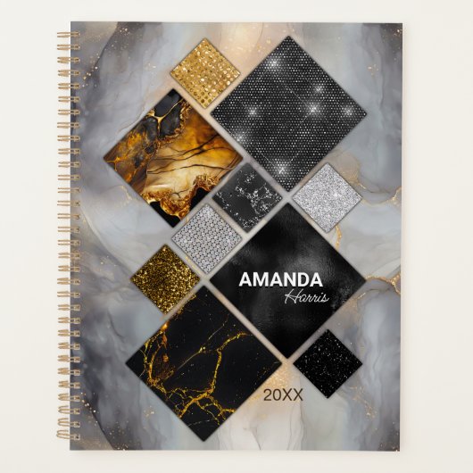 エレガント黒金ゴールド銀幾何学模様 プランナー手帳 (正面)