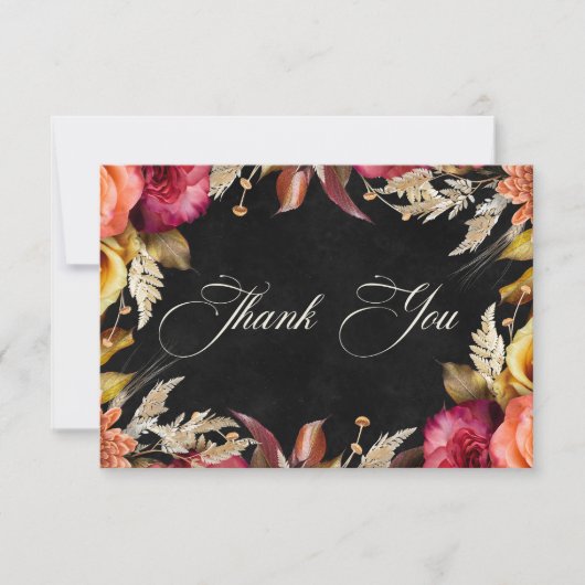 エレガント黒鮮やかBohoフローラ結婚Script サンキューカード (正面)