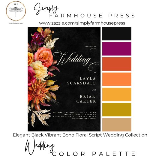 エレガント黒鮮やかBohoフローラ結婚Script セーブザデート