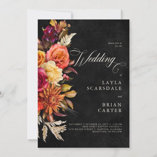 エレガント黒鮮やかBohoフローラ結婚Script 招待状 (正面)