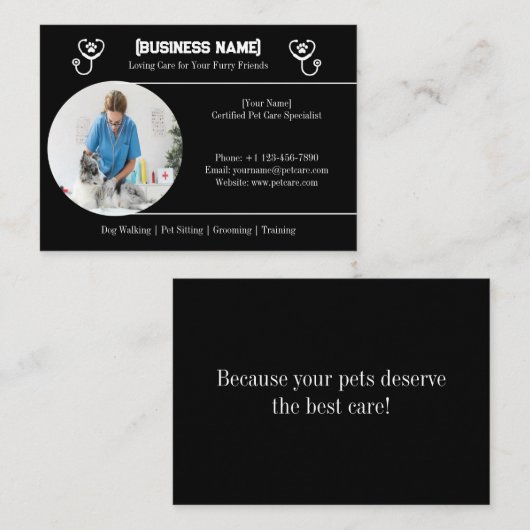 エレガント黒（カスタマイズ可能なPhoto Pet Care） 名刺 (正面/裏面)