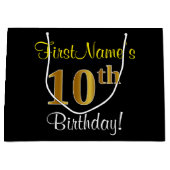 エレガント黒、フェイク金ゴールド10番目の誕生日+名前 ラージペーパーバッグ (正面)