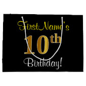 エレガント黒、フェイク金ゴールド10番目の誕生日+名前 ラージペーパーバッグ (裏面)