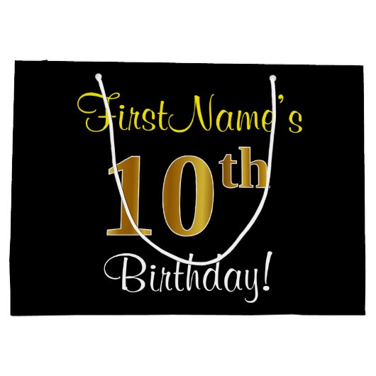 エレガント黒、フェイク金ゴールド10番目の誕生日+名前 ラージペーパーバッグ (裏面)