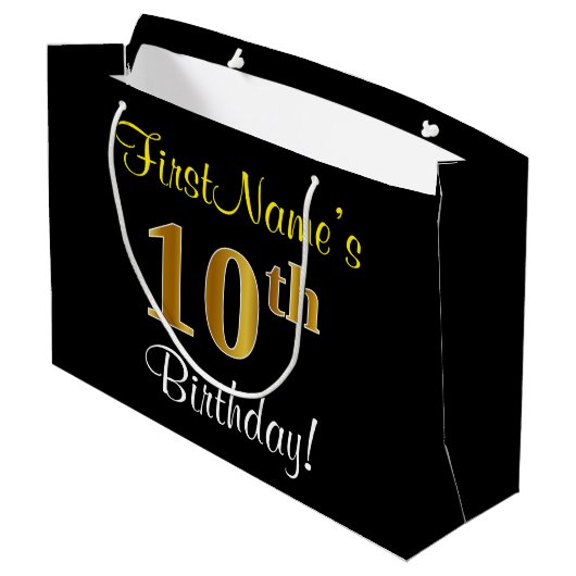 エレガント黒、フェイク金ゴールド10番目の誕生日+名前 ラージペーパーバッグ (裏面アングル)