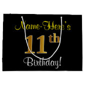 エレガント黒、フェイク金ゴールド11番目の誕生日+名前 ラージペーパーバッグ (裏面)