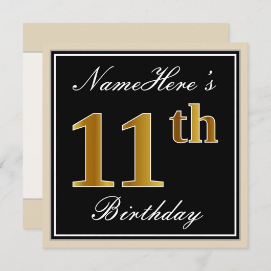 エレガント黒、フェイク金ゴールド11番目の誕生日+名前 招待状 (正面/裏面)