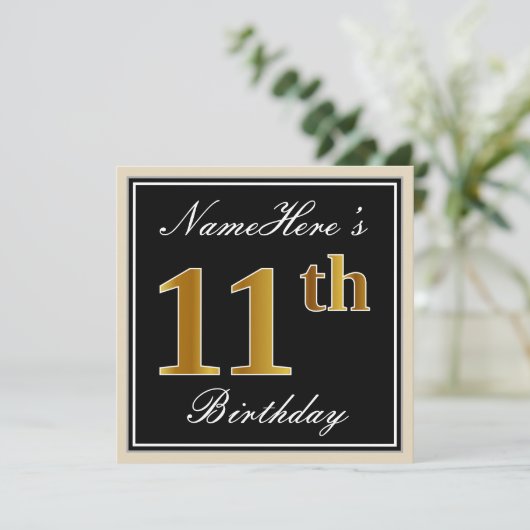 エレガント黒、フェイク金ゴールド11番目の誕生日+名前 招待状 (スタンド正面)