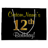 エレガント黒、フェイク金ゴールド12番目の誕生日+名前 ラージペーパーバッグ (裏面)