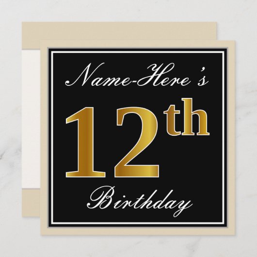 エレガント黒、フェイク金ゴールド12番目の誕生日+名前 招待状 (正面/裏面)