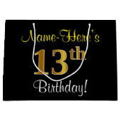 エレガント黒、フェイク金ゴールド13番目の誕生日+名前 ラージペーパーバッグ