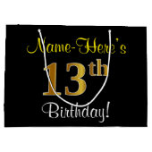 エレガント黒、フェイク金ゴールド13番目の誕生日+名前 ラージペーパーバッグ (裏面)