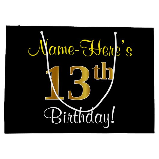 エレガント黒、フェイク金ゴールド13番目の誕生日+名前 ラージペーパーバッグ (裏面)