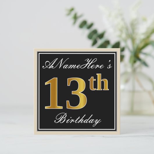 エレガント黒、フェイク金ゴールド13番目の誕生日+名前 招待状 (スタンド正面)