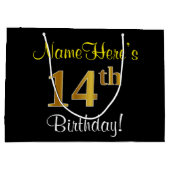 エレガント黒、フェイク金ゴールド14番目の誕生日+名前 ラージペーパーバッグ (裏面)