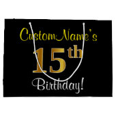 エレガント黒、フェイク金ゴールド15番目の誕生日+名前 ラージペーパーバッグ (裏面)