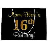 エレガント黒、フェイク金ゴールド16番目の誕生日+名前 ラージペーパーバッグ (裏面)