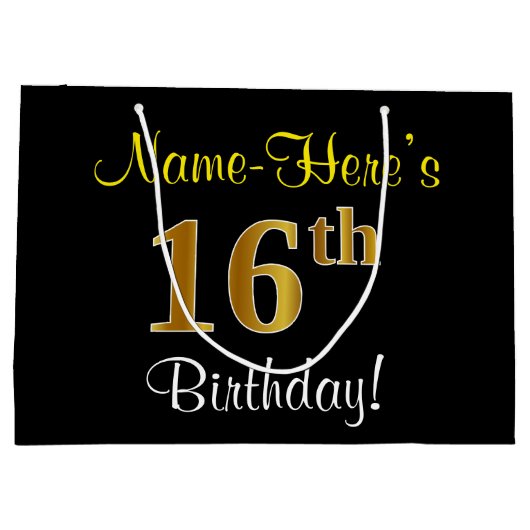 エレガント黒、フェイク金ゴールド16番目の誕生日+名前 ラージペーパーバッグ (裏面)
