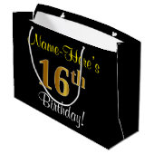 エレガント黒、フェイク金ゴールド16番目の誕生日+名前 ラージペーパーバッグ (裏面アングル)