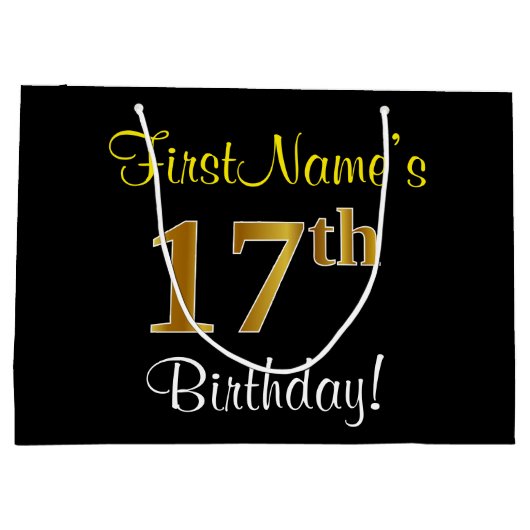 エレガント黒、フェイク金ゴールド17番目の誕生日+名前 ラージペーパーバッグ (裏面)
