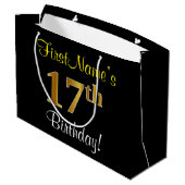エレガント黒、フェイク金ゴールド17番目の誕生日+名前 ラージペーパーバッグ (裏面アングル)