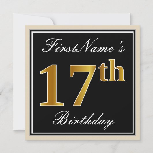 エレガント黒、フェイク金ゴールド17番目の誕生日+名前 招待状 (正面)