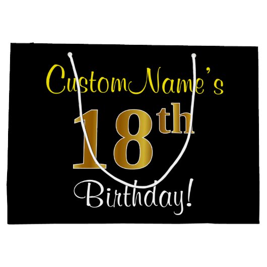 エレガント黒、フェイク金ゴールド18番目の誕生日+名前 ラージペーパーバッグ (裏面)
