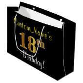 エレガント黒、フェイク金ゴールド18番目の誕生日+名前 ラージペーパーバッグ (正面アングル)