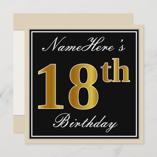 エレガント黒、フェイク金ゴールド18番目の誕生日+名前 招待状 (正面/裏面)