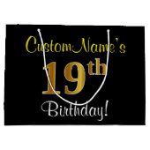 エレガント黒、フェイク金ゴールド19番目の誕生日+名前 ラージペーパーバッグ (裏面)