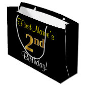 エレガント黒、フェイク金ゴールド2回目の誕生日+名前 ラージペーパーバッグ (裏面アングル)