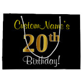 エレガント黒、フェイク金ゴールド20番目の誕生日+名前 ラージペーパーバッグ (裏面)