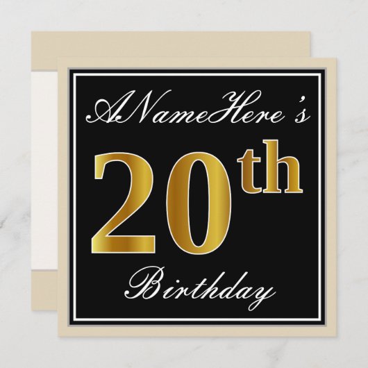 エレガント黒、フェイク金ゴールド20番目の誕生日+名前 招待状 (正面/裏面)