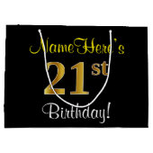 エレガント黒、フェイク金ゴールド21歳の誕生日+名前 ラージペーパーバッグ (裏面)