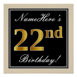 エレガント黒、フェイク金ゴールド22番目の誕生日+名前 ポスター