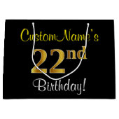 エレガント黒、フェイク金ゴールド22番目の誕生日+名前 ラージペーパーバッグ (正面)