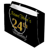 エレガント黒、フェイク金ゴールド24番目の誕生日+名前 ラージペーパーバッグ (裏面アングル)