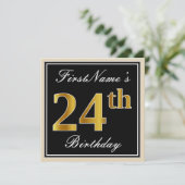 エレガント黒、フェイク金ゴールド24番目の誕生日+名前 招待状 (スタンド正面)