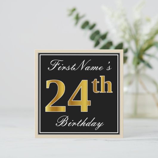 エレガント黒、フェイク金ゴールド24番目の誕生日+名前 招待状 (スタンド正面)