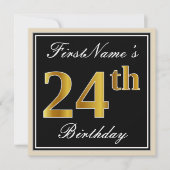 エレガント黒、フェイク金ゴールド24番目の誕生日+名前 招待状 (正面)