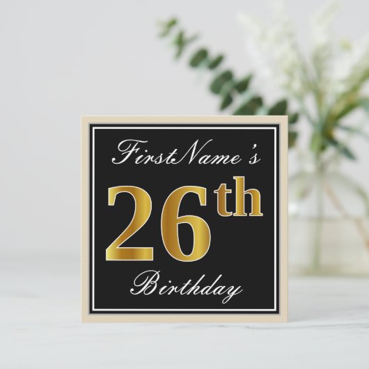 エレガント黒、フェイク金ゴールド26番目の誕生日+名前 招待状 (スタンド正面)
