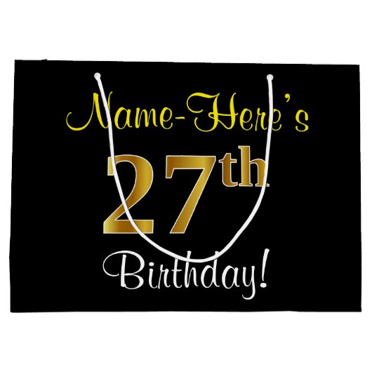 エレガント黒、フェイク金ゴールド27番目の誕生日+名前 ラージペーパーバッグ (裏面)