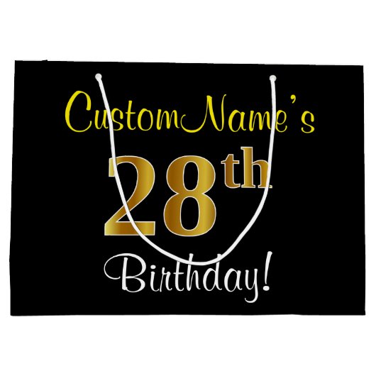 エレガント黒、フェイク金ゴールド28番目の誕生日+名前 ラージペーパーバッグ (裏面)