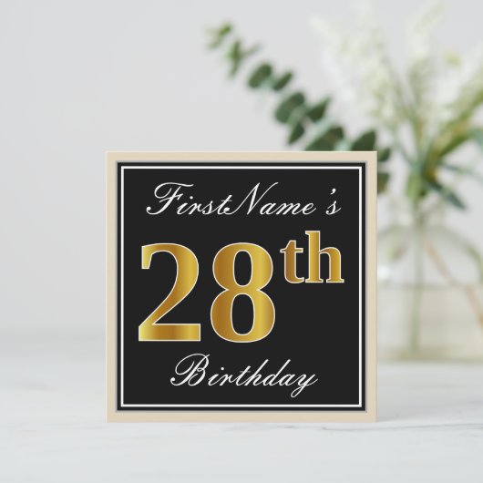 エレガント黒、フェイク金ゴールド28番目の誕生日+名前 招待状 (スタンド正面)