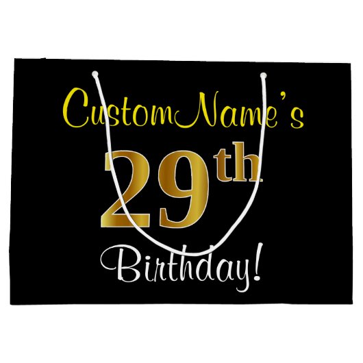 エレガント黒、フェイク金ゴールド29番目の誕生日+名前 ラージペーパーバッグ (裏面)