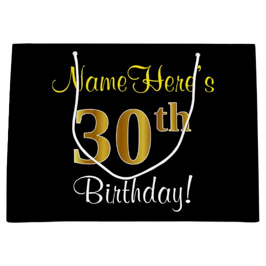 エレガント黒、フェイク金ゴールド30歳+名前 ラージペーパーバッグ (正面)