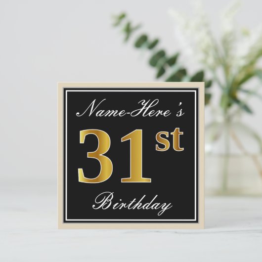 エレガント黒、フェイク金ゴールド31番目の誕生日+名前 招待状 (スタンド正面)
