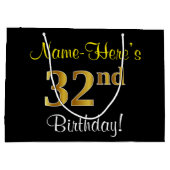 エレガント黒、フェイク金ゴールド32番目の誕生日+名前 ラージペーパーバッグ (裏面)