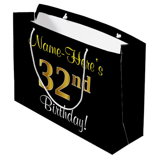 エレガント黒、フェイク金ゴールド32番目の誕生日+名前 ラージペーパーバッグ (裏面アングル)